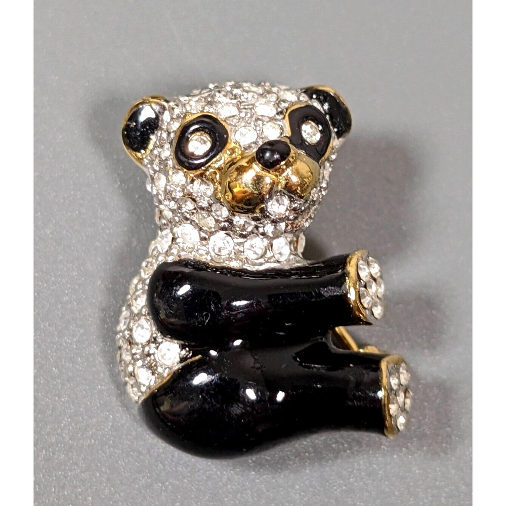 Vintage Black Enamel Rhinestone Pave Panda Bear Pin Brooch Gold Tone